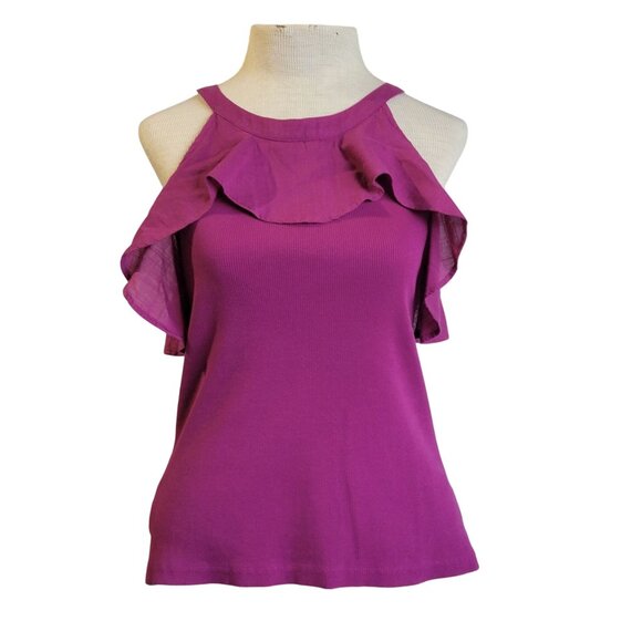 Maeve Anthropologie Tank Top Womens Medium Purple Ruffle Ribbed Flowy Coquette - Picture 1 of 8